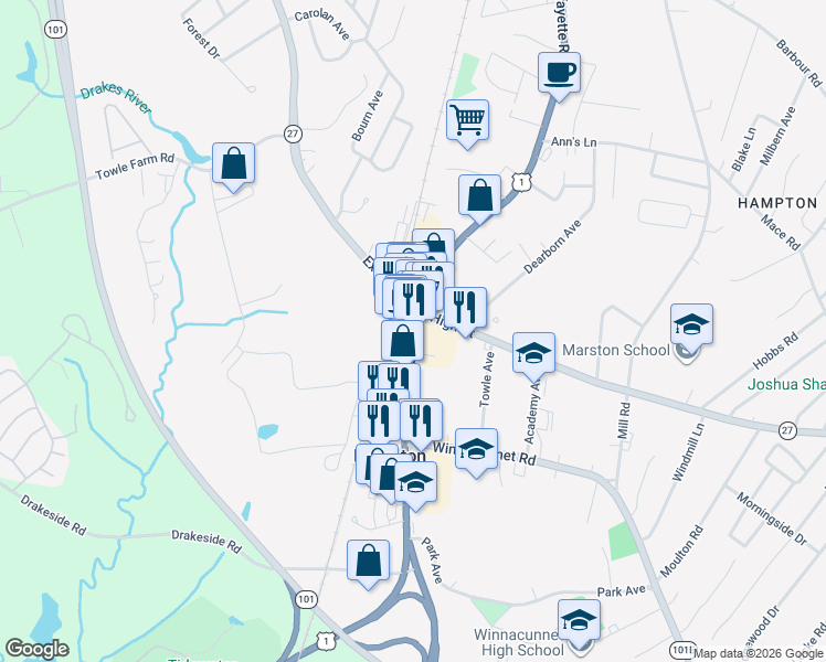 map of restaurants, bars, coffee shops, grocery stores, and more near 6 Swain Court in Hampton