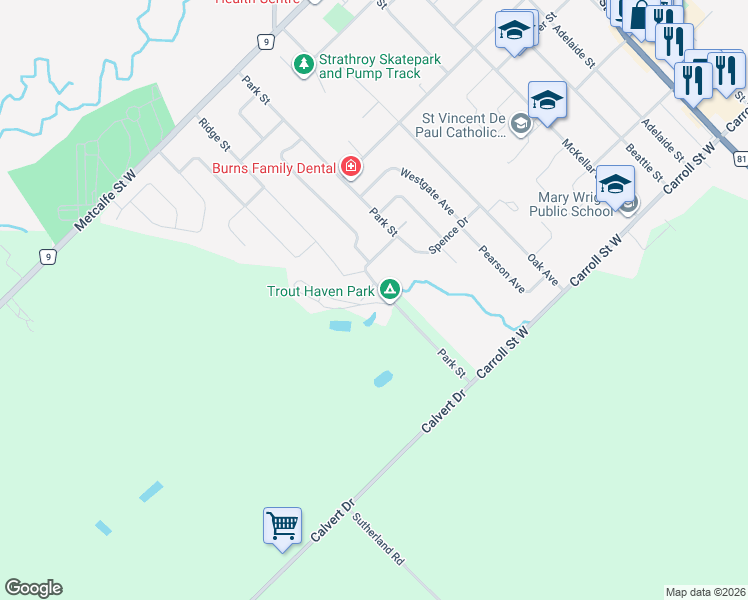 map of restaurants, bars, coffee shops, grocery stores, and more near 24749 Park Street in Strathroy