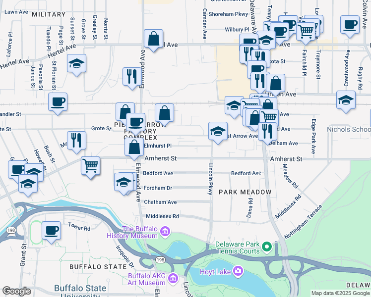 map of restaurants, bars, coffee shops, grocery stores, and more near 105 Elmhurst Place in Buffalo