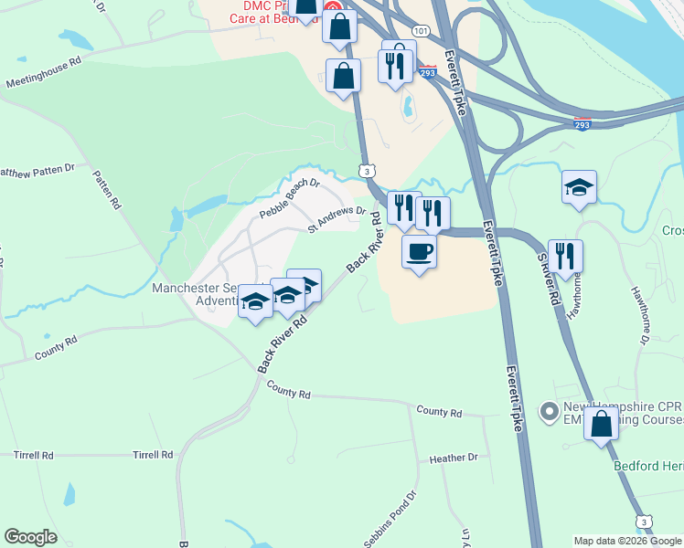 map of restaurants, bars, coffee shops, grocery stores, and more near 23 Back River Rd in Bedford