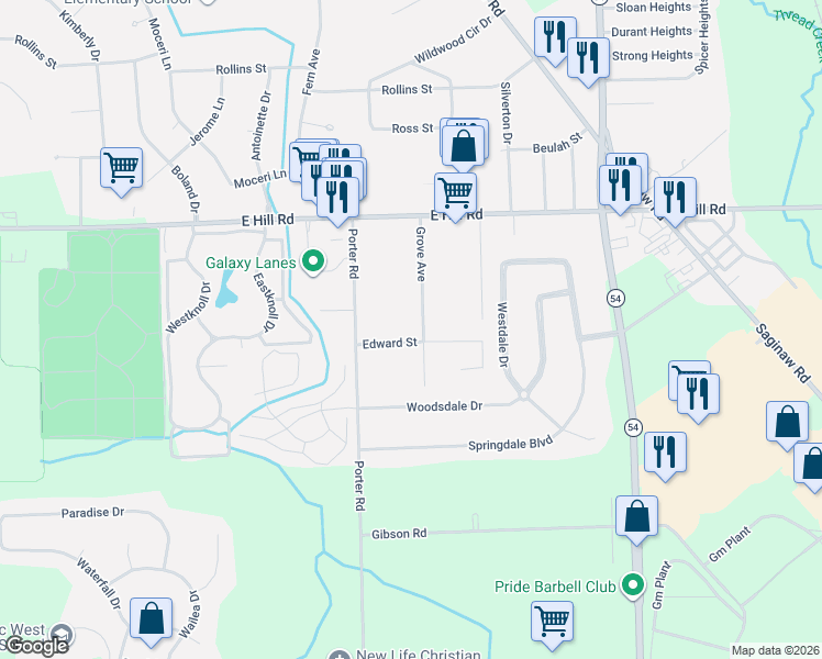 map of restaurants, bars, coffee shops, grocery stores, and more near 2338 Edwards Street in Grand Blanc