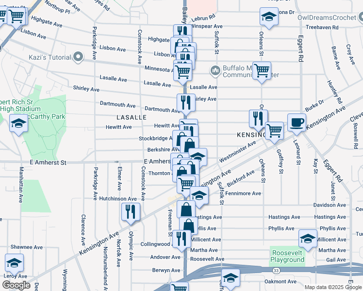 map of restaurants, bars, coffee shops, grocery stores, and more near 622 East Amherst Street in Buffalo