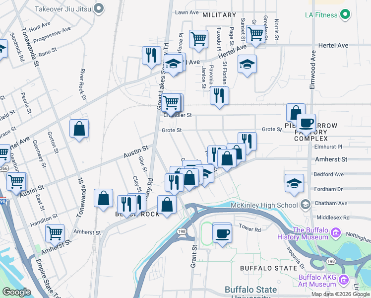 map of restaurants, bars, coffee shops, grocery stores, and more near 121 Germain Street in Buffalo