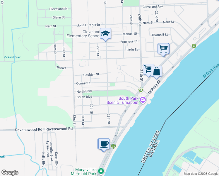 map of restaurants, bars, coffee shops, grocery stores, and more near 2816 South Boulevard in Port Huron