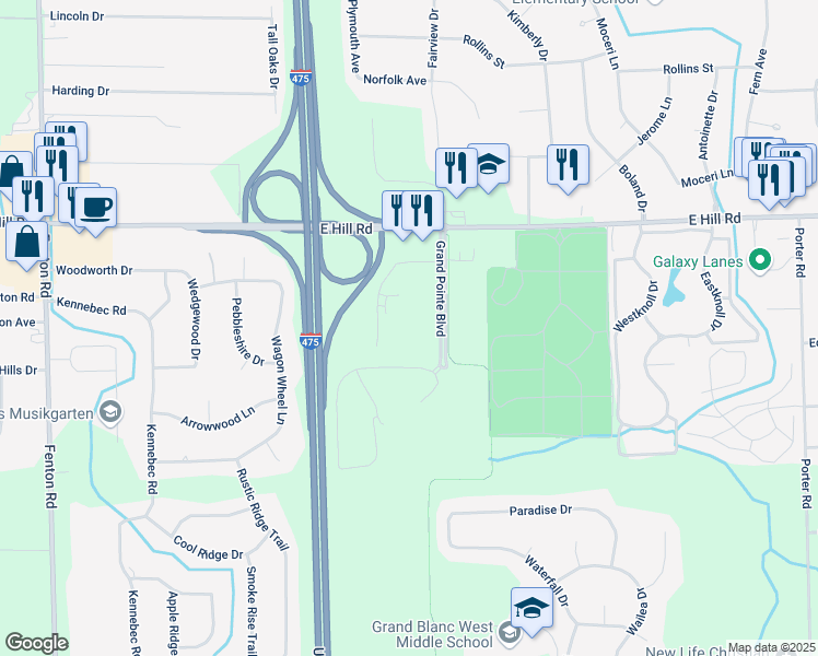 map of restaurants, bars, coffee shops, grocery stores, and more near 1330 Grand Pointe Court in Grand Blanc