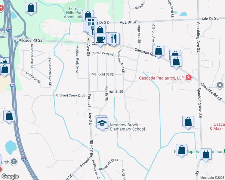 map of restaurants, bars, coffee shops, grocery stores, and more near 4725 East Kirk Court Southeast in Grand Rapids