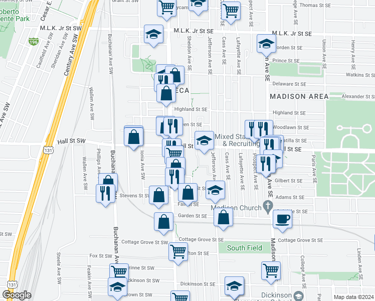 map of restaurants, bars, coffee shops, grocery stores, and more near 1235 Euclid Avenue Southeast in Grand Rapids