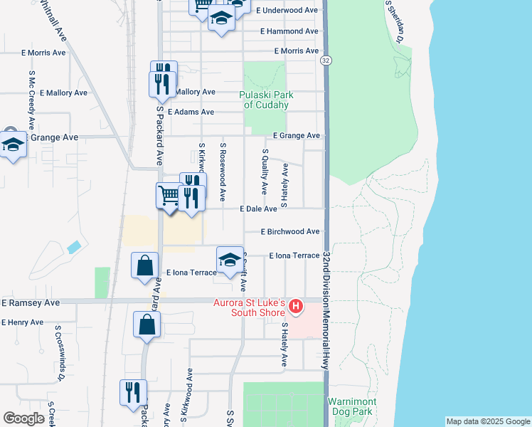 map of restaurants, bars, coffee shops, grocery stores, and more near 3848 East Birchwood Avenue in Cudahy