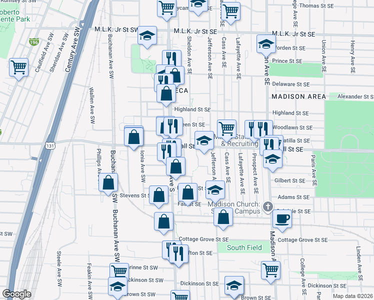 map of restaurants, bars, coffee shops, grocery stores, and more near 1235 Euclid Avenue Southeast in Grand Rapids