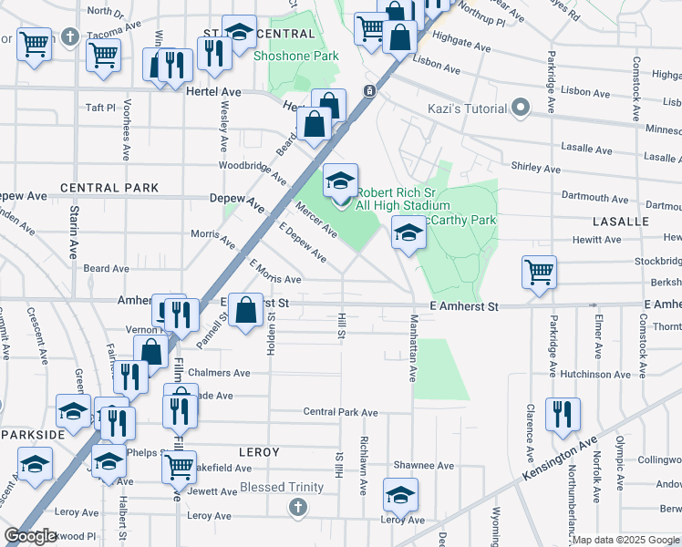 map of restaurants, bars, coffee shops, grocery stores, and more near 177 East Depew Avenue in Buffalo