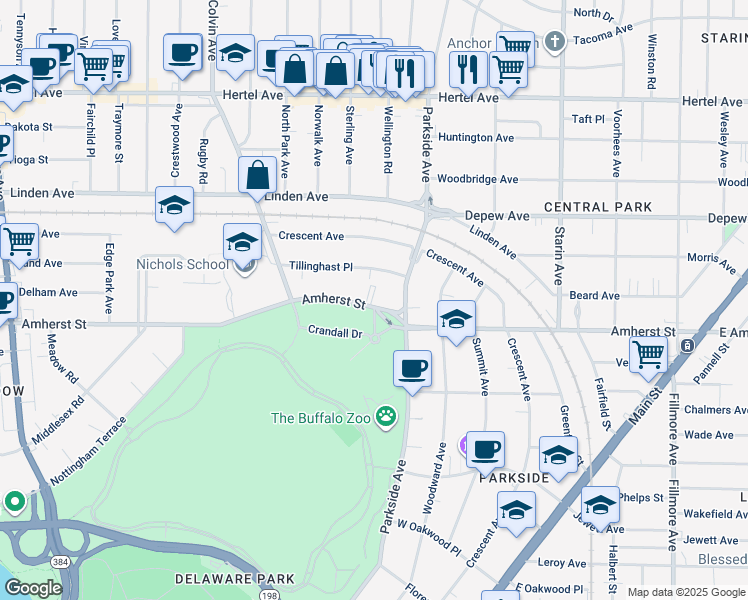 map of restaurants, bars, coffee shops, grocery stores, and more near 1396 Amherst Street in Buffalo