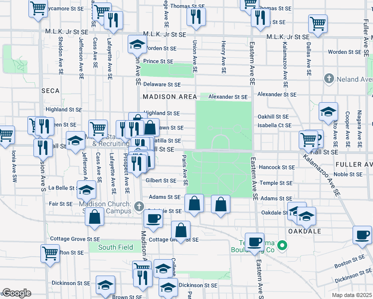 map of restaurants, bars, coffee shops, grocery stores, and more near 539 Hall Street Southeast in Grand Rapids