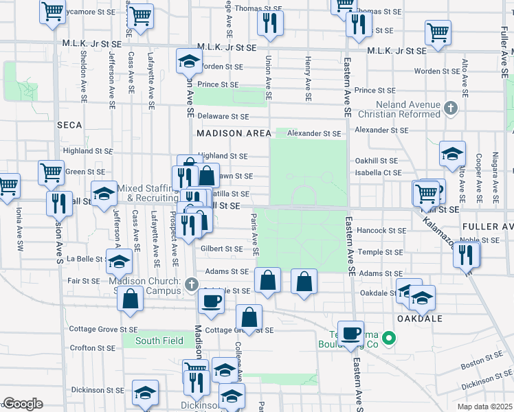 map of restaurants, bars, coffee shops, grocery stores, and more near 539 Hall Street Southeast in Grand Rapids