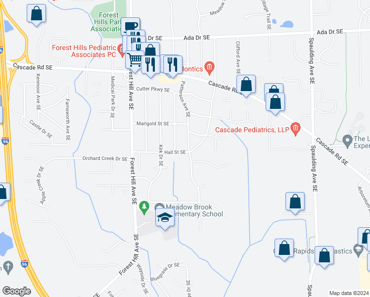 map of restaurants, bars, coffee shops, grocery stores, and more near 1185 Patterson Avenue Southeast in Grand Rapids