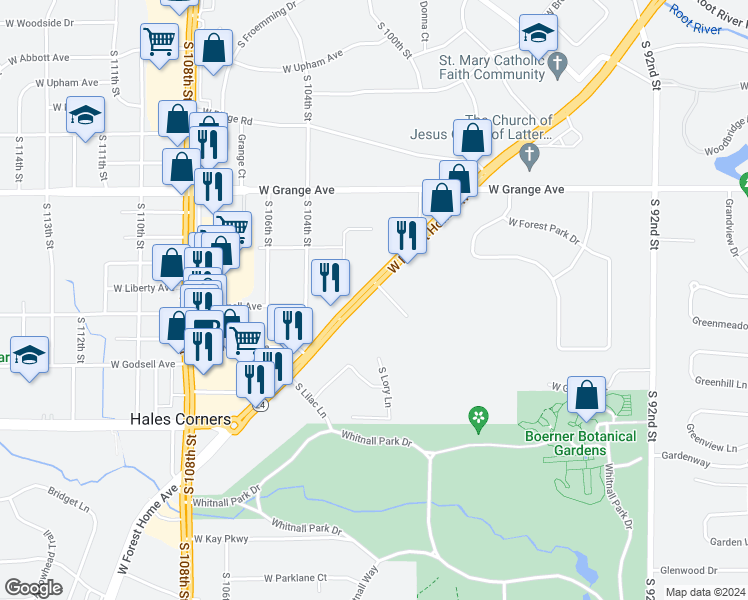 map of restaurants, bars, coffee shops, grocery stores, and more near 10163 West Forest Home Avenue in Hales Corners