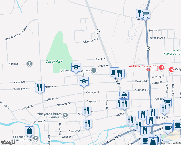 map of restaurants, bars, coffee shops, grocery stores, and more near 30 Union Street in Auburn