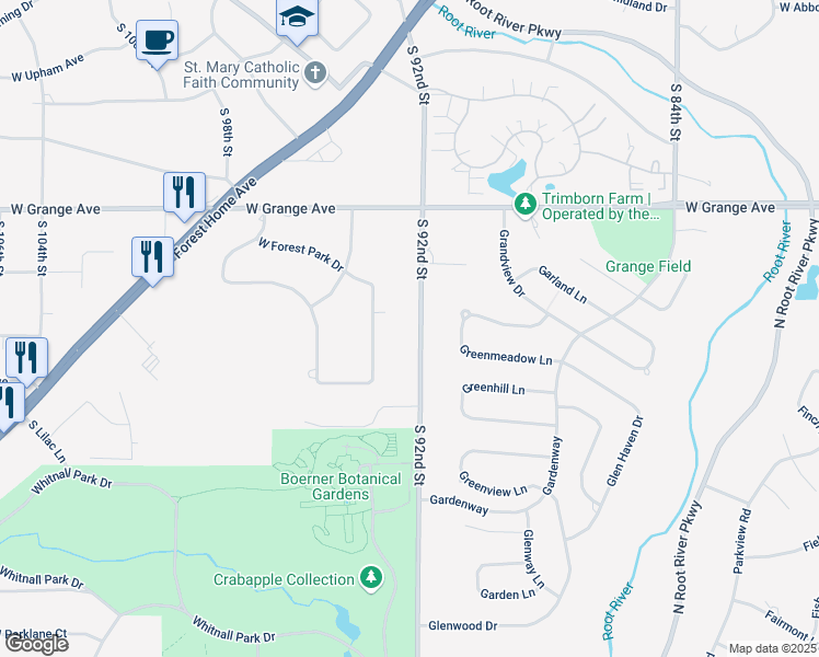 map of restaurants, bars, coffee shops, grocery stores, and more near 5657 South 92nd Street in Hales Corners