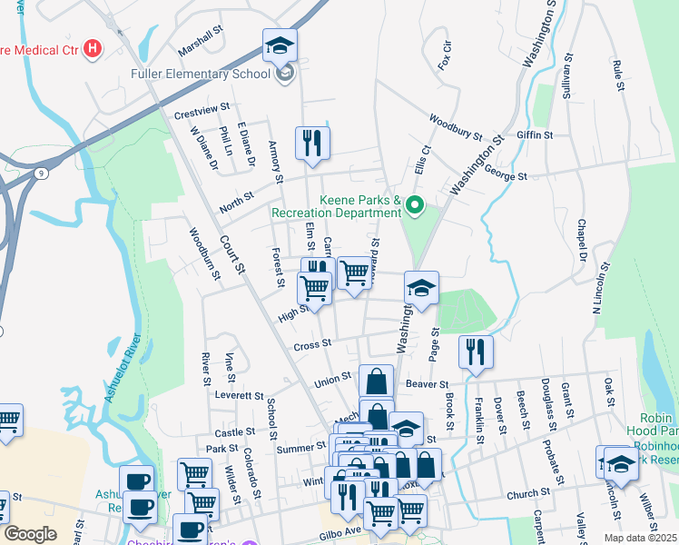 map of restaurants, bars, coffee shops, grocery stores, and more near 110 Carroll Street in Keene
