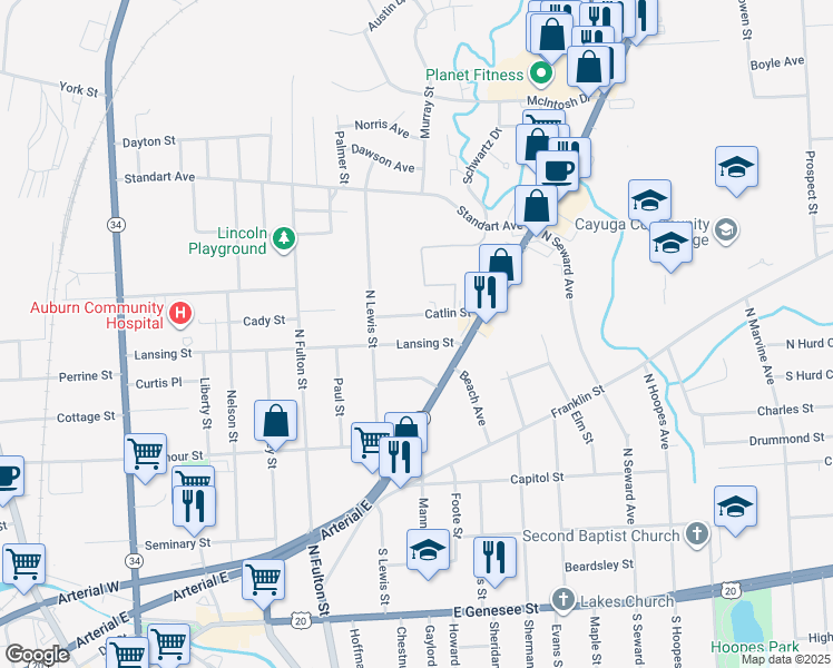 map of restaurants, bars, coffee shops, grocery stores, and more near 23 Catlin Street in Auburn