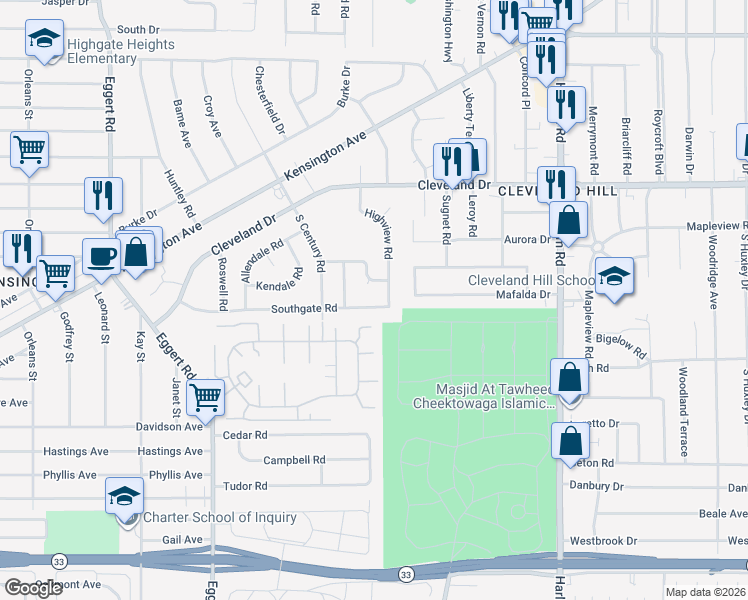 map of restaurants, bars, coffee shops, grocery stores, and more near 86 Meaford Road in Buffalo