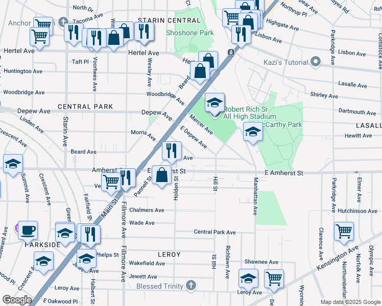 map of restaurants, bars, coffee shops, grocery stores, and more near 34 Benwood Avenue in Buffalo