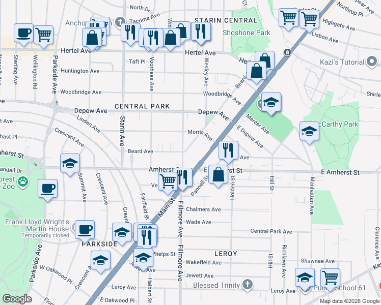 map of restaurants, bars, coffee shops, grocery stores, and more near 166 Beard Avenue in Buffalo