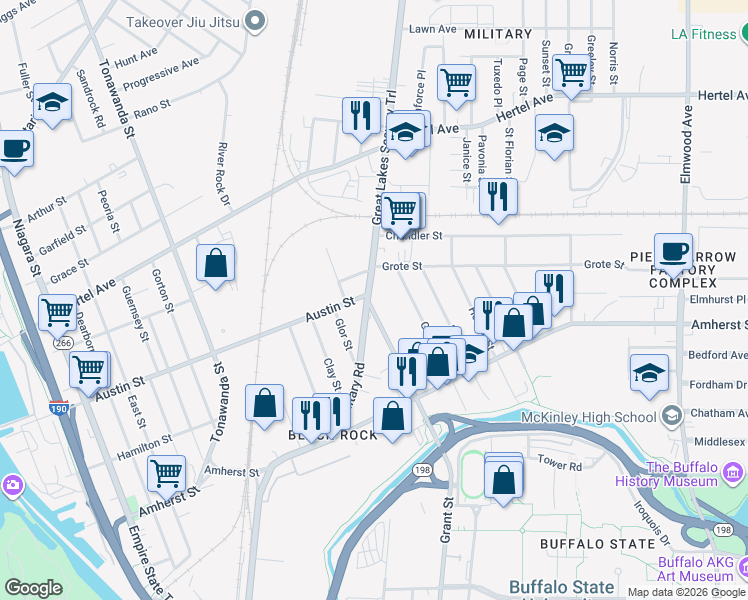 map of restaurants, bars, coffee shops, grocery stores, and more near in Buffalo