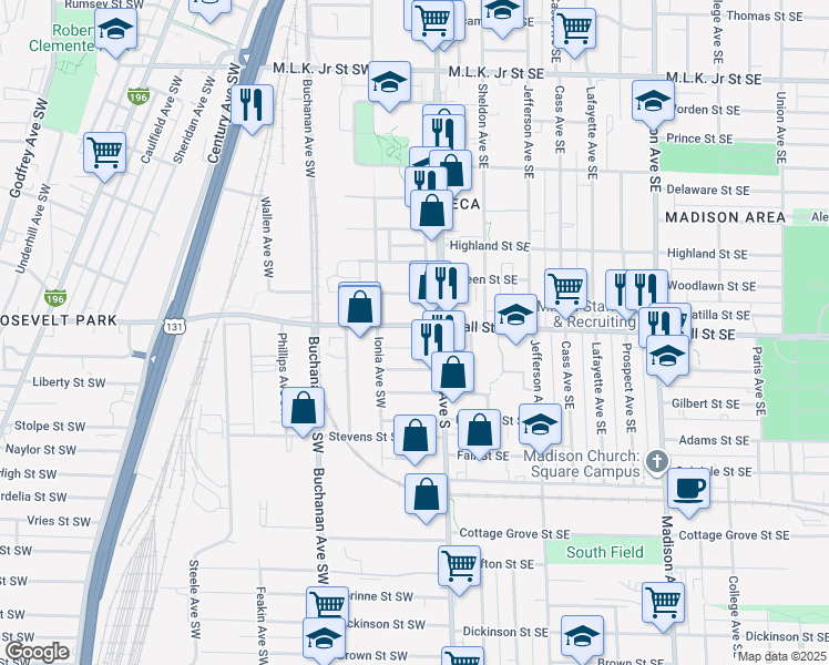 map of restaurants, bars, coffee shops, grocery stores, and more near 14 Canton Street Southwest in Grand Rapids