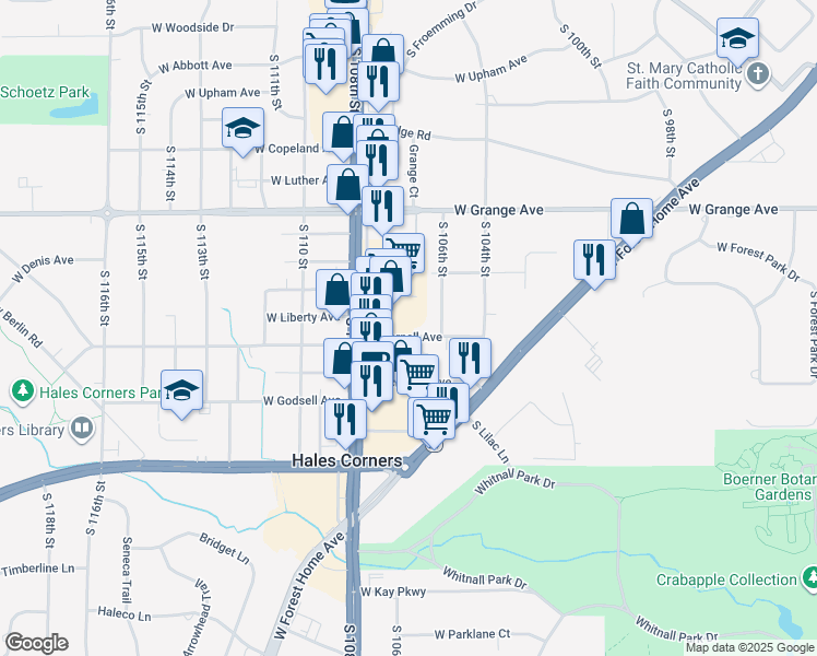 map of restaurants, bars, coffee shops, grocery stores, and more near 5606 South 108th Street in Hales Corners