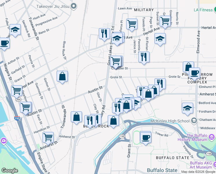map of restaurants, bars, coffee shops, grocery stores, and more near in Buffalo