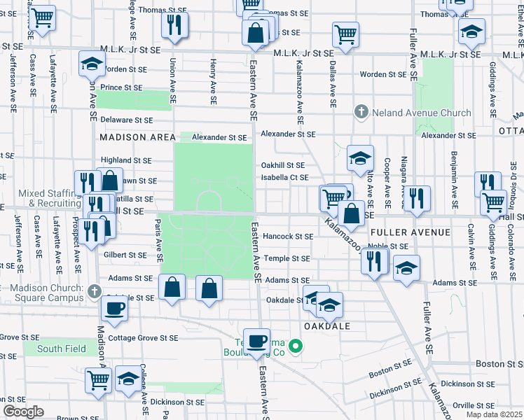 map of restaurants, bars, coffee shops, grocery stores, and more near 807 Hall Street Southeast in Grand Rapids