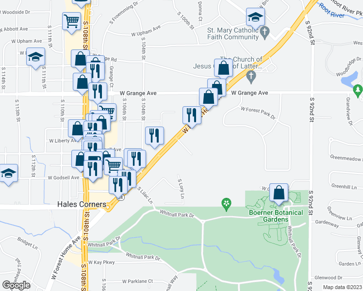 map of restaurants, bars, coffee shops, grocery stores, and more near 10139 West Forest Home Avenue in Hales Corners