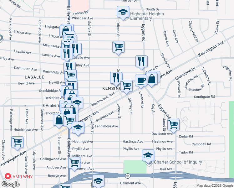 map of restaurants, bars, coffee shops, grocery stores, and more near 574 Stockbridge Avenue in Buffalo