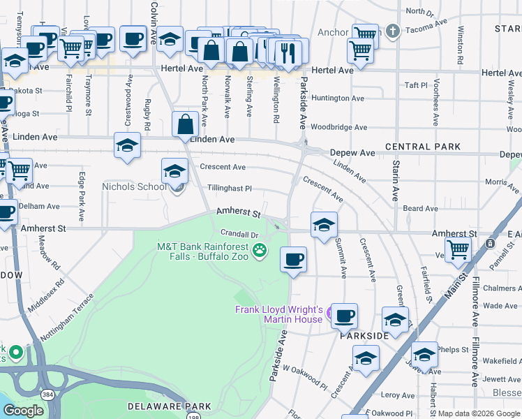 map of restaurants, bars, coffee shops, grocery stores, and more near 1392 Amherst Street in Buffalo