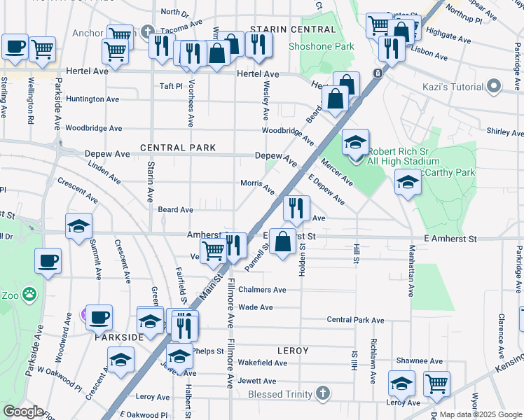 map of restaurants, bars, coffee shops, grocery stores, and more near 2720 Main Street in Buffalo