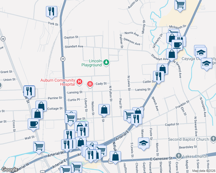 map of restaurants, bars, coffee shops, grocery stores, and more near 111 North Fulton Street in Auburn