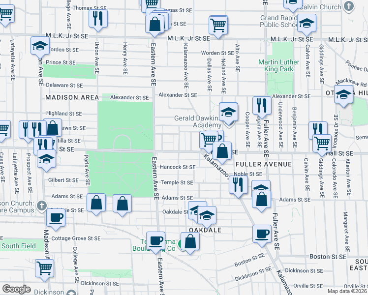 map of restaurants, bars, coffee shops, grocery stores, and more near 1139 Marshall Avenue Southeast in Grand Rapids