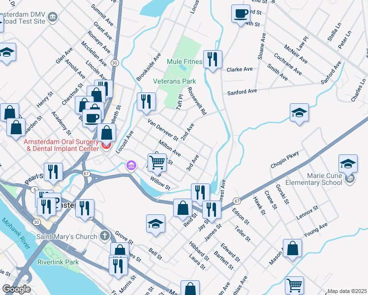 map of restaurants, bars, coffee shops, grocery stores, and more near 39 Van Derveer Street in Amsterdam