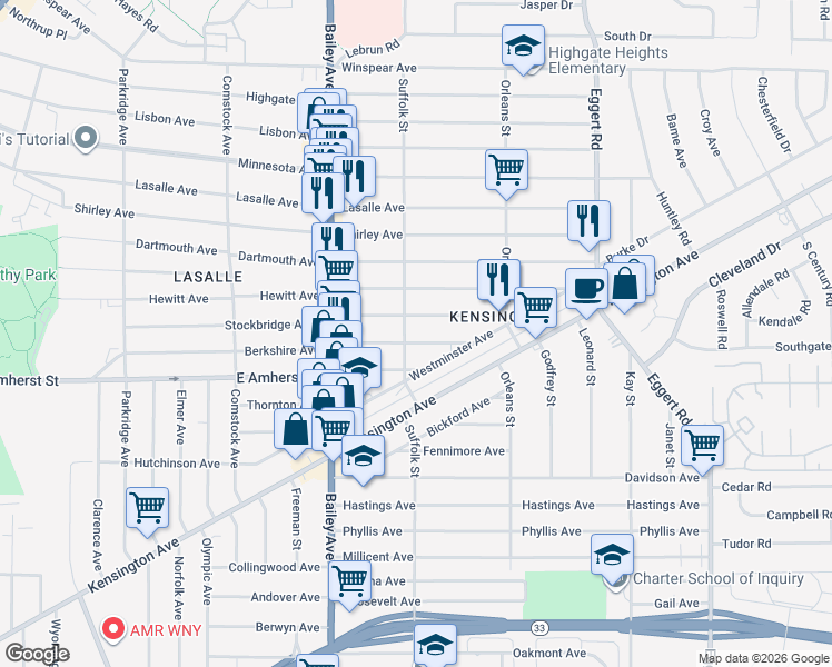 map of restaurants, bars, coffee shops, grocery stores, and more near 496 Stockbridge Avenue in Buffalo