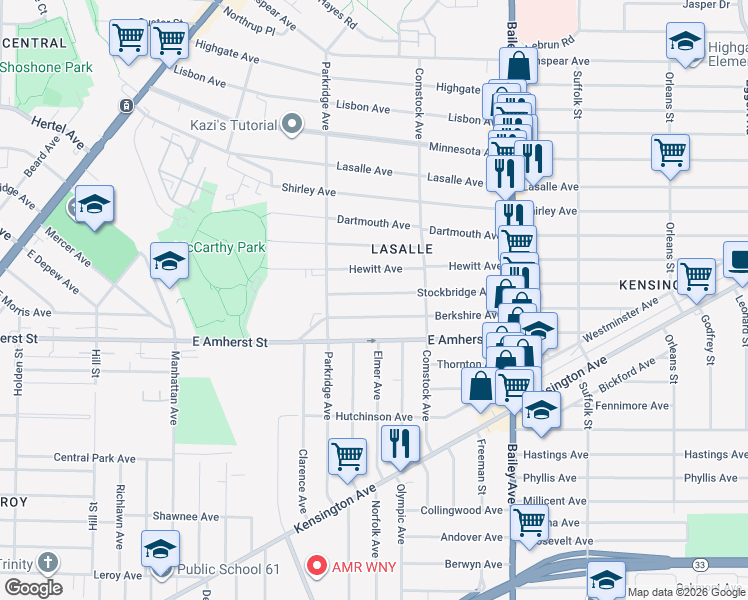 map of restaurants, bars, coffee shops, grocery stores, and more near 192 Stockbridge Avenue in Buffalo