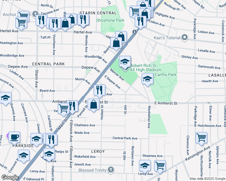 map of restaurants, bars, coffee shops, grocery stores, and more near 34 Benwood Avenue in Buffalo