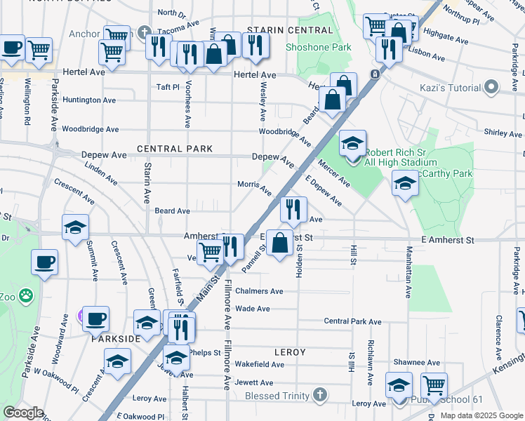 map of restaurants, bars, coffee shops, grocery stores, and more near 2750 Main Street in Buffalo