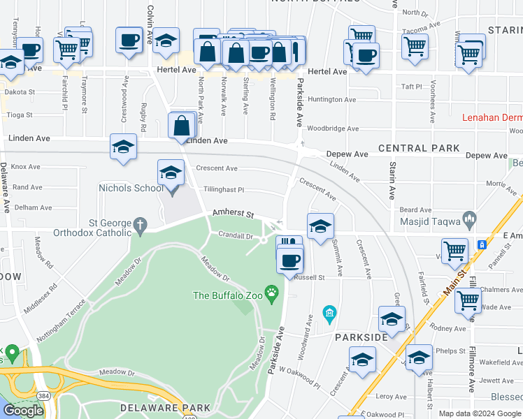 map of restaurants, bars, coffee shops, grocery stores, and more near 111 Tillinghast Place in Buffalo