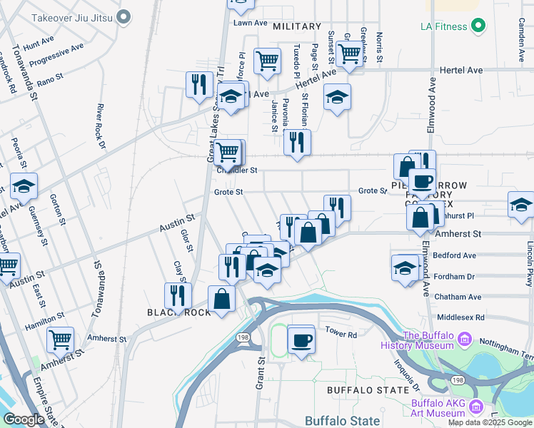 map of restaurants, bars, coffee shops, grocery stores, and more near 159 Howell Street in Buffalo