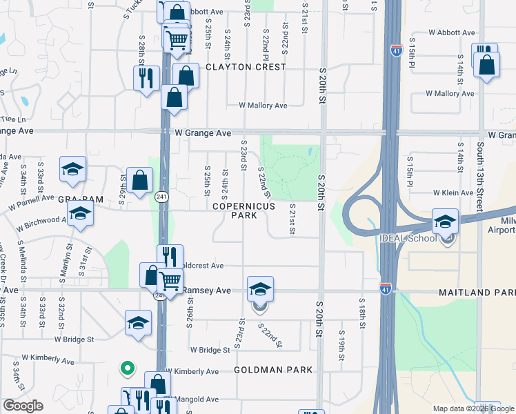 map of restaurants, bars, coffee shops, grocery stores, and more near 5641 South 22nd Street in Milwaukee