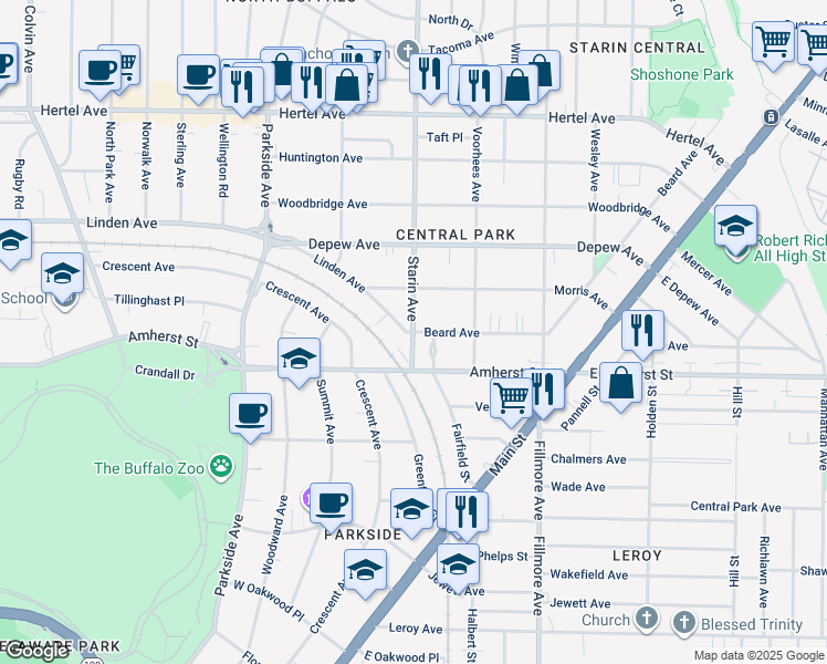 map of restaurants, bars, coffee shops, grocery stores, and more near Starin Avenue & Beard Avenue in Buffalo