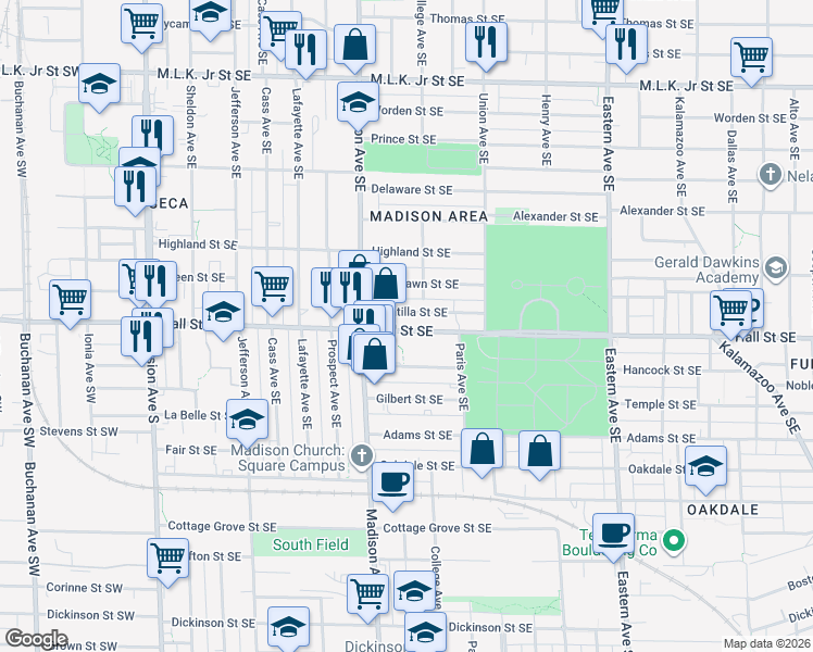 map of restaurants, bars, coffee shops, grocery stores, and more near 437 Umatilla Street Southeast in Grand Rapids