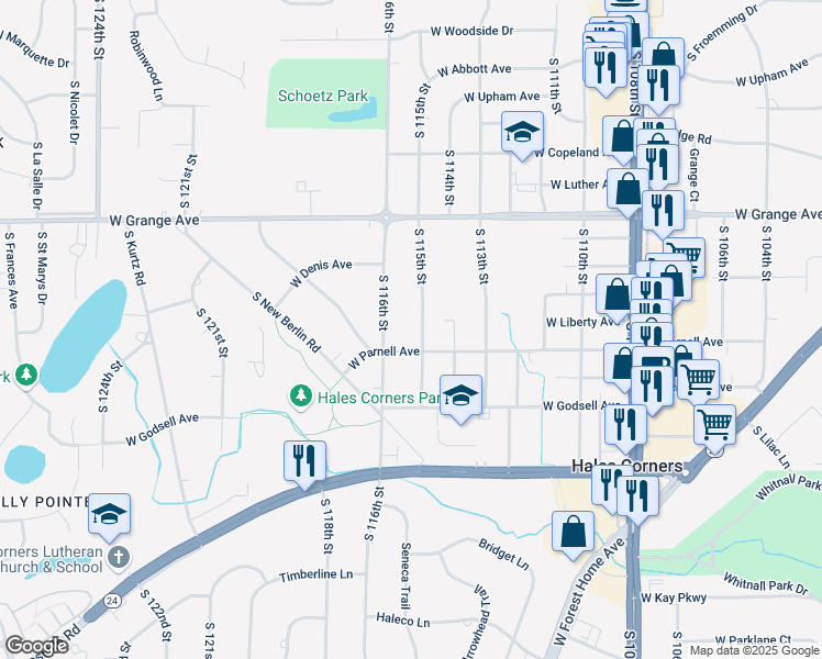 map of restaurants, bars, coffee shops, grocery stores, and more near 5620 South 116th Street in Hales Corners