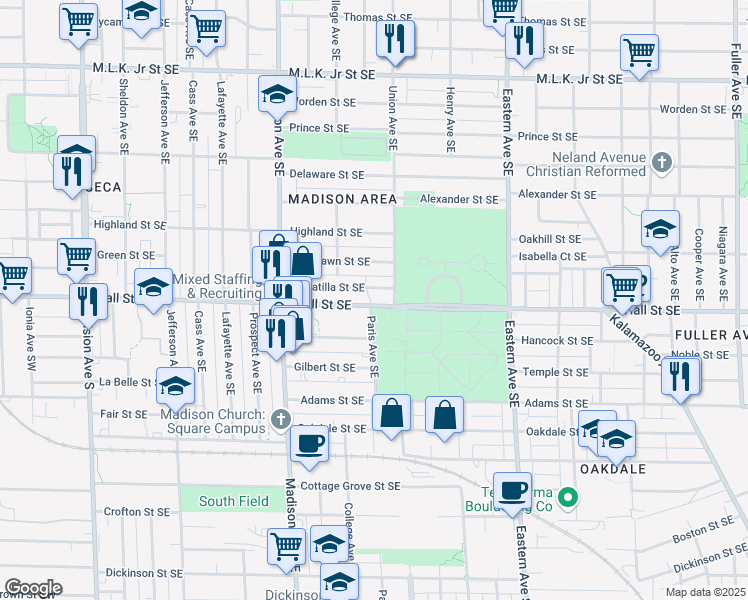map of restaurants, bars, coffee shops, grocery stores, and more near 537 Hall Street Southeast in Grand Rapids