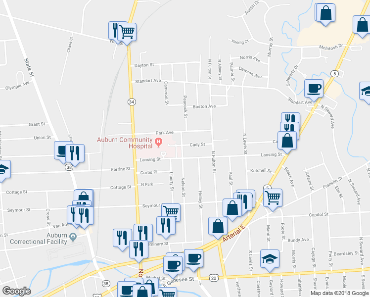 map of restaurants, bars, coffee shops, grocery stores, and more near 82 Nelson Street in Auburn